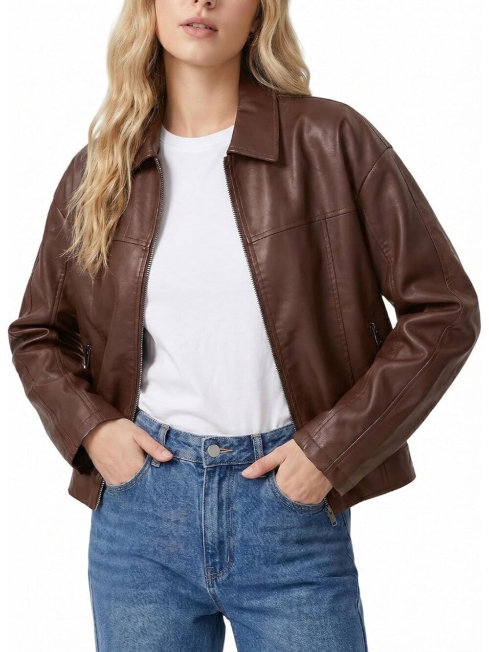 Women's Dark Brown Faux Leather Long Sleeve Casual ZIP Up Motorcycle Jackets